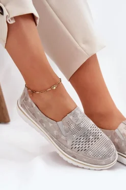 Zamszowe Półbuty Wsuwane Beżowo-Złote Inez