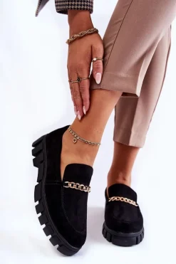 Zamszowe Półbuty Z Łańcuszkiem Czarne Anne