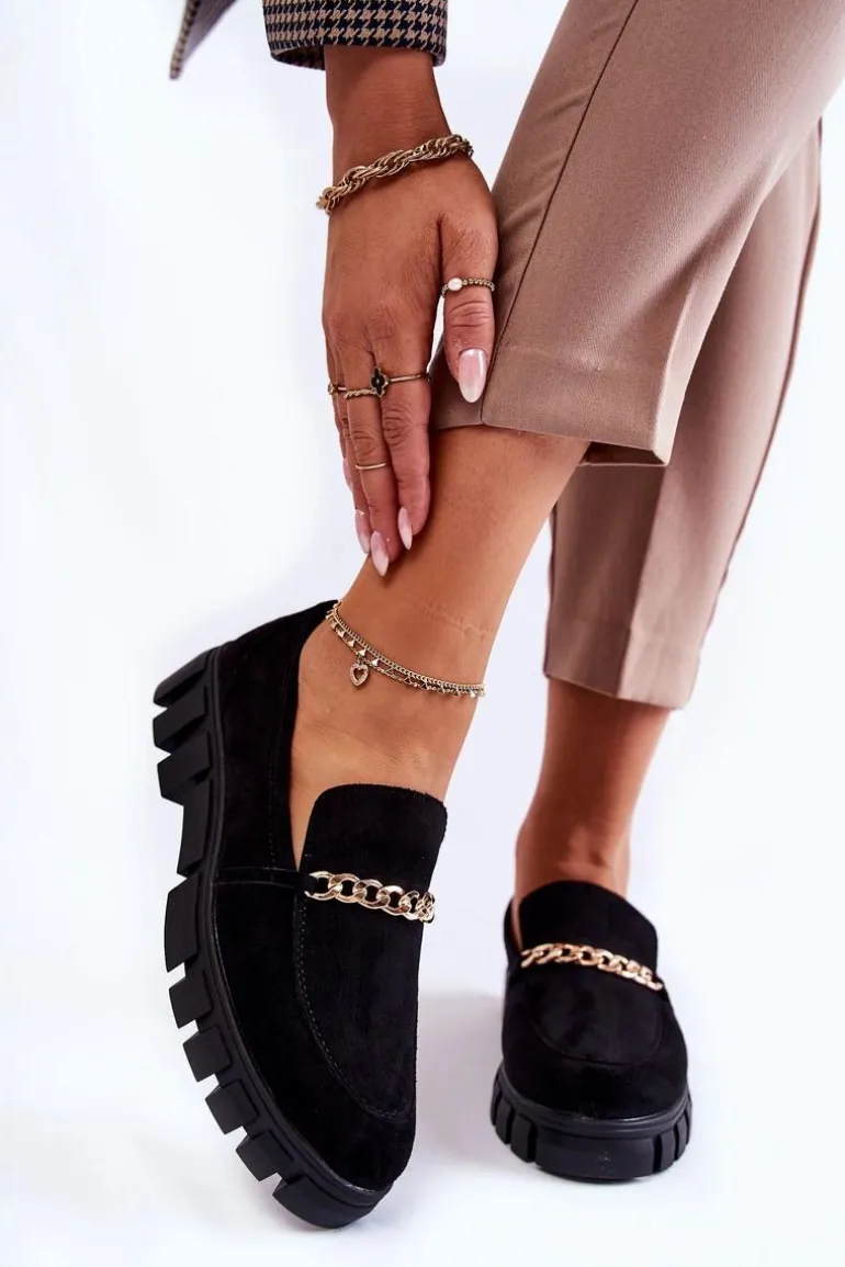 Zamszowe Półbuty Z Łańcuszkiem Czarne Anne