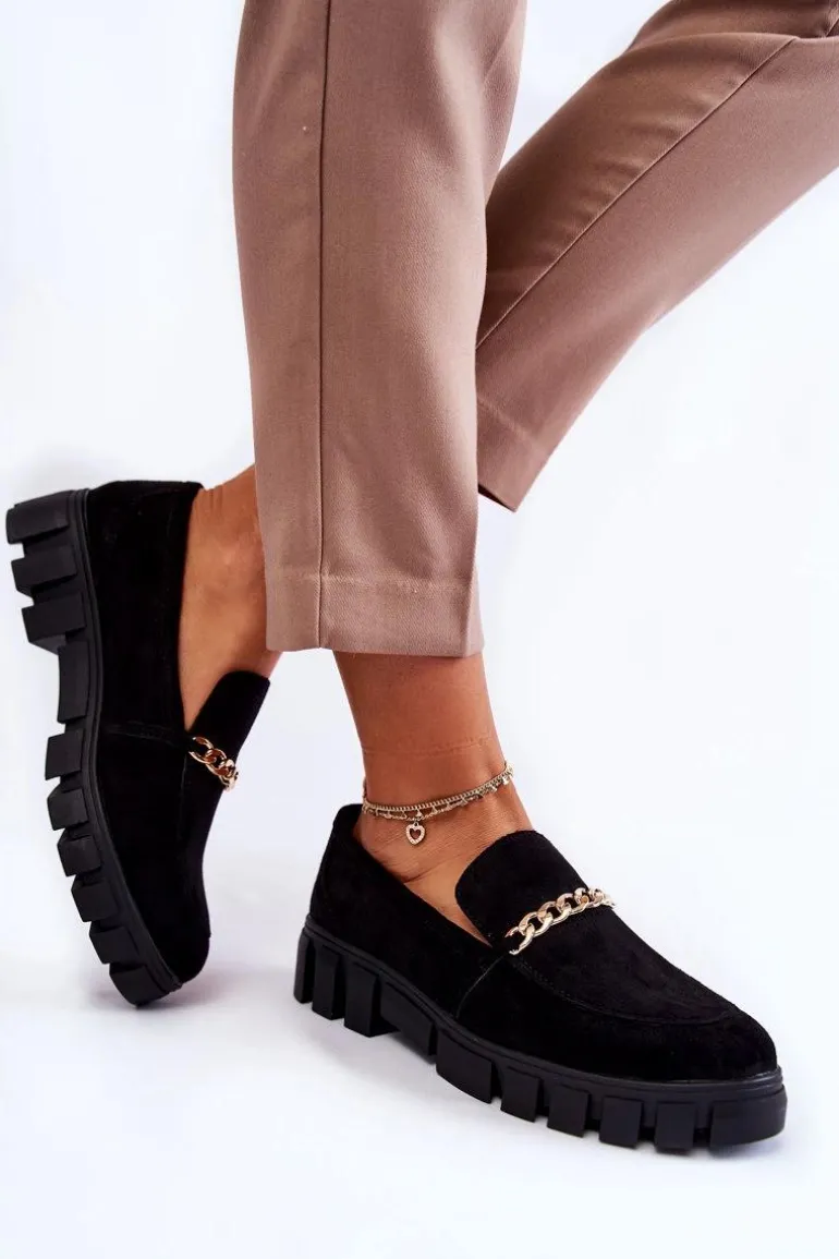 Zamszowe Półbuty Z Łańcuszkiem Czarne Anne