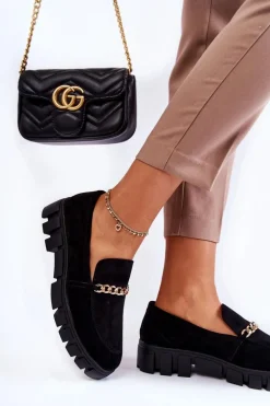 Zamszowe Półbuty Z Łańcuszkiem Czarne Anne