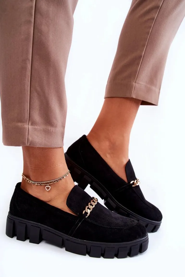 Zamszowe Półbuty Z Łańcuszkiem Czarne Anne
