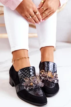 Zamszowe Półbuty Z Ozdobą Czarne Davine