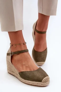 Zamszowe Sandałki Espadryle Na Koturnie Zielone Cammer