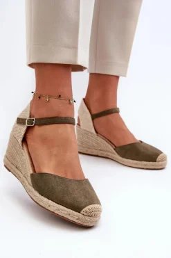 Zamszowe Sandałki Espadryle Na Koturnie Zielone Cammer