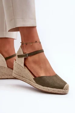 Zamszowe Sandałki Espadryle Na Koturnie Zielone Cammer