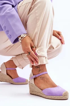 Zamszowe Sandałki Espadryle Na Koturnie Fioletowe Cammer