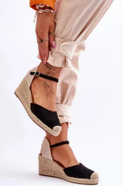 Zamszowe Sandałki Espadryle Na Koturnie Czarne Cammer