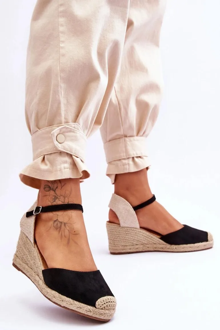 Zamszowe Sandałki Espadryle Na Koturnie Czarne Cammer