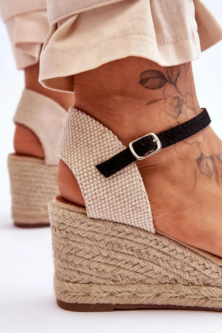 Zamszowe Sandałki Espadryle Na Koturnie Czarne Cammer