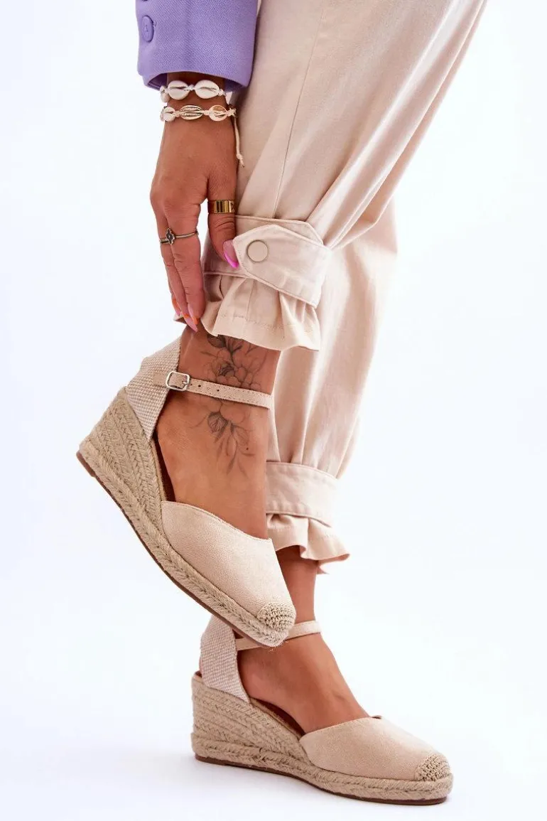 Zamszowe Sandałki Espadryle Na Koturnie Beżowe Cammer