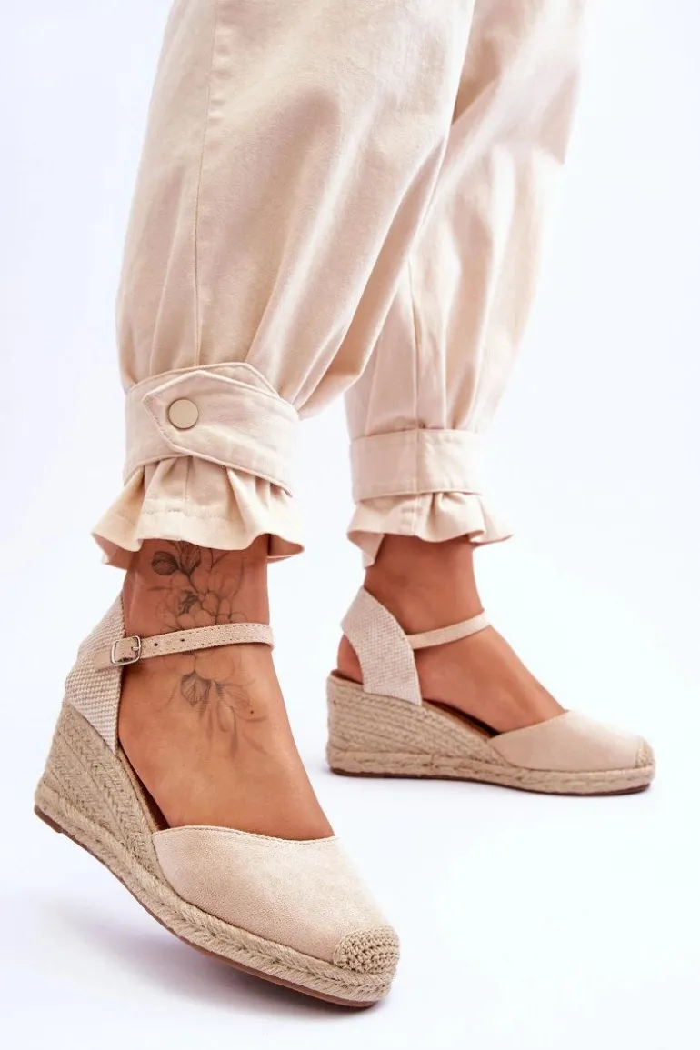 Zamszowe Sandałki Espadryle Na Koturnie Beżowe Cammer