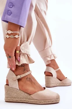 Zamszowe Sandałki Espadryle Na Koturnie Beżowe Cammer
