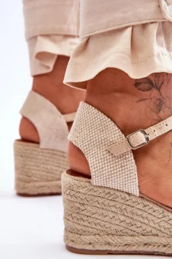 Zamszowe Sandałki Espadryle Na Koturnie Beżowe Cammer