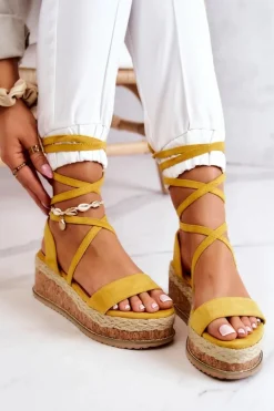 Zamszowe Sandałki Espadryle Na Koturnie Żółte Shanny