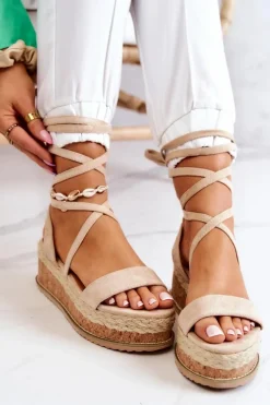 Zamszowe Sandałki Espadryle Na Koturnie Beżowe Shanny