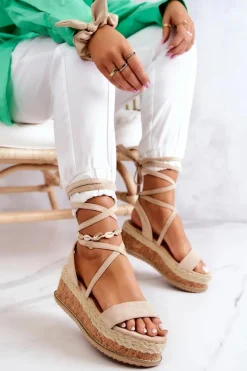 Zamszowe Sandałki Espadryle Na Koturnie Beżowe Shanny