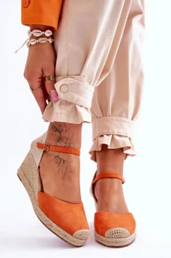 Zamszowe Sandałki Espadryle Na Koturnie Pomarańczowe Cammer
