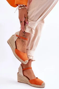 Zamszowe Sandałki Espadryle Na Koturnie Pomarańczowe Cammer