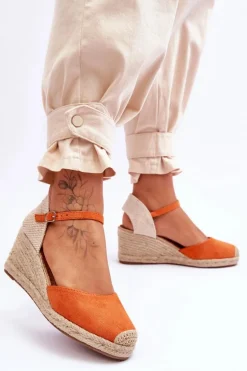 Zamszowe Sandałki Espadryle Na Koturnie Pomarańczowe Cammer