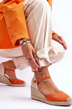 Zamszowe Sandałki Espadryle Na Koturnie Pomarańczowe Cammer