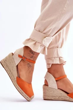 Zamszowe Sandałki Espadryle Na Koturnie Pomarańczowe Cammer