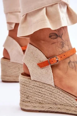 Zamszowe Sandałki Espadryle Na Koturnie Pomarańczowe Cammer