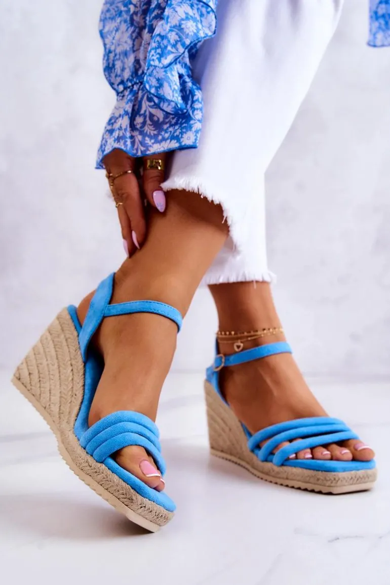 Zamszowe Sandałki Na Koturnie Niebieskie Louisiana
