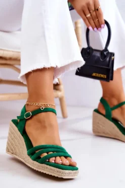 Zamszowe Sandałki Na Koturnie Zielone Louisiana