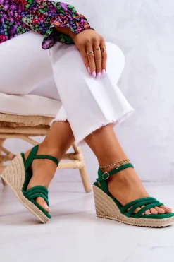 Zamszowe Sandałki Na Koturnie Zielone Louisiana