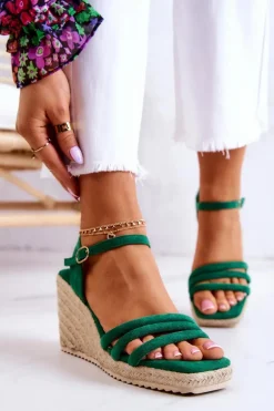 Zamszowe Sandałki Na Koturnie Zielone Louisiana