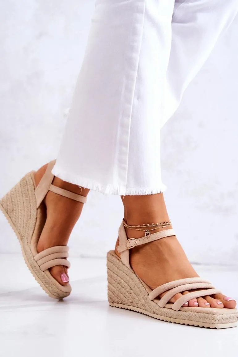 Zamszowe Sandałki Na Koturnie Beżowe Louisiana