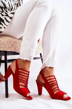 Zamszowe Sandałki Na Obcasie Czerwone Vinnie