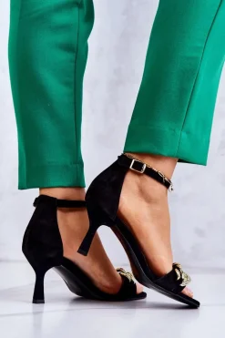 Zamszowe Sandałki Na Obcasie Laura Messi 2366 Czarne