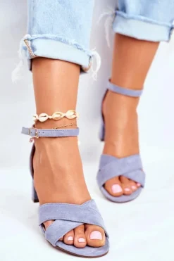 Zamszowe Sandałki na Słupku Niebieskie Nela