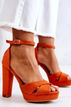 Zamszowe Sandałki Na Słupku Pomarańczowe Lanelle