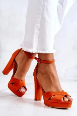 Zamszowe Sandałki Na Słupku Pomarańczowe Lanelle