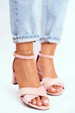 Zamszowe Sandałki na Słupku Różowe Nela