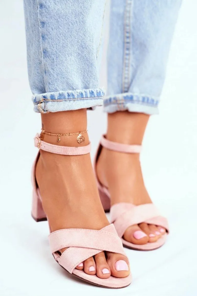 Zamszowe Sandałki na Słupku Różowe Nela