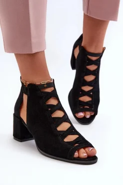 Zamszowe Sandały Damskie Na Obcasie Maciejka 06456-01 Czarne