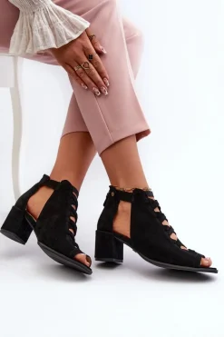 Zamszowe Sandały Damskie Na Obcasie Maciejka 06456-01 Czarne