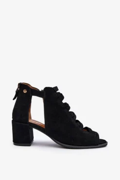 Zamszowe Sandały Damskie Na Obcasie Maciejka 06456-01 Czarne