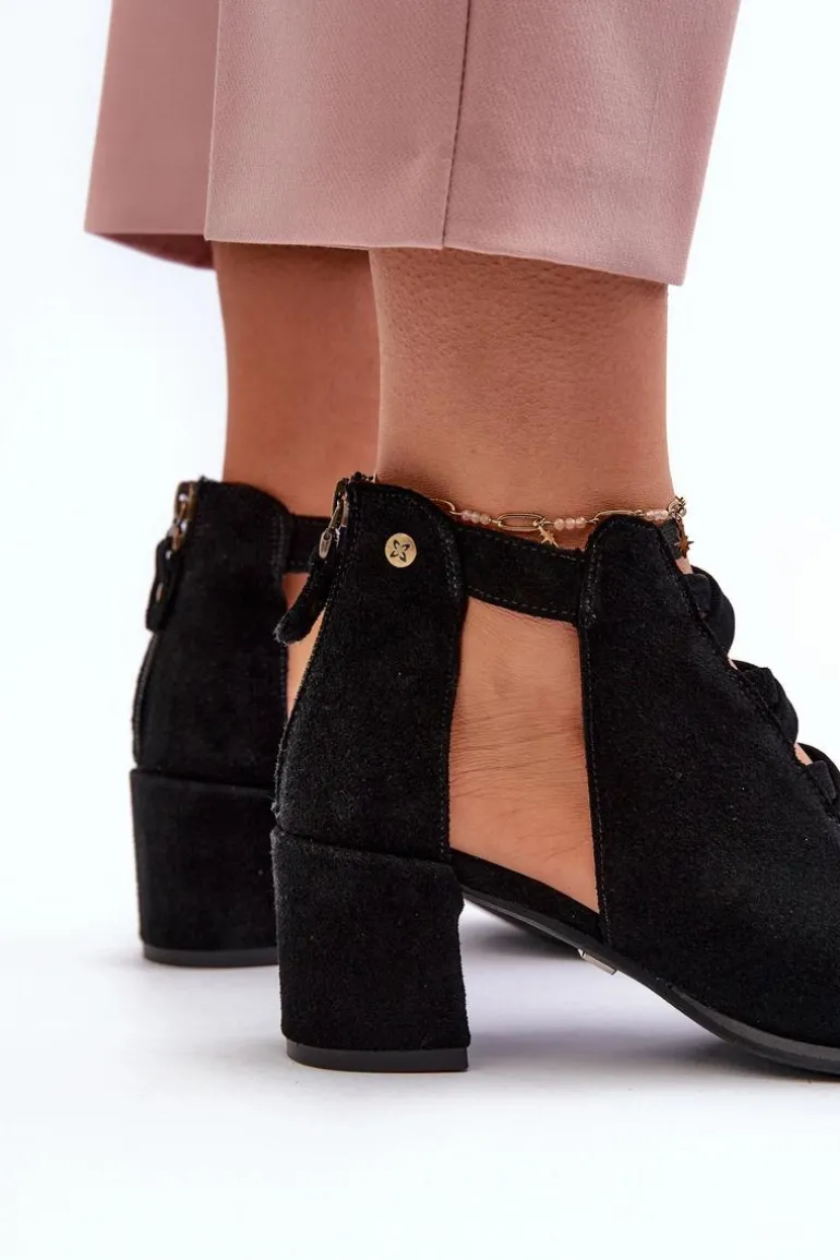 Zamszowe Sandały Damskie Na Obcasie Maciejka 06456-01 Czarne