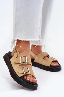 Zamszowe Sandały Damskie Z Klamrami Big Star RR274665 Beżowe