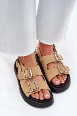 Zamszowe Sandały Damskie Z Klamrami Big Star RR274665 Beżowe