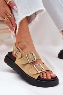 Zamszowe Sandały Damskie Z Klamrami Big Star RR274665 Beżowe