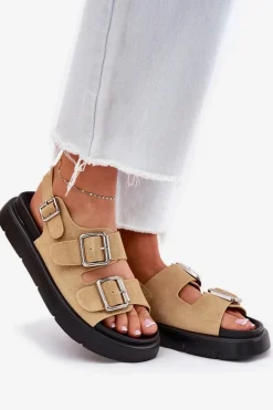 Zamszowe Sandały Damskie Z Klamrami Big Star RR274665 Beżowe