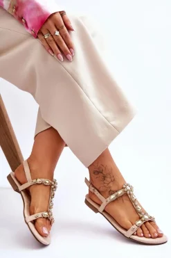 Zamszowe Sandały Damskie Z Kamieniami Beżowe Calabrio