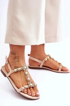 Zamszowe Sandały Damskie Z Kamieniami Beżowe Calabrio