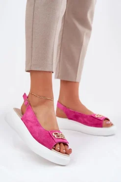 Zamszowe Sandały Damskie Ze Złotym Detalem S.Barski GR51-604 Fuksja